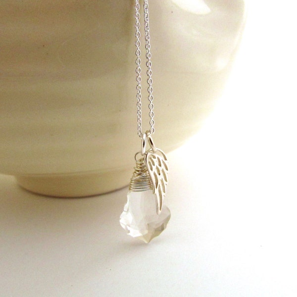 Crystal guardian angel necklace, crystal angel necklace, lung cancer, memorial jewelry, sterling silver angel wing, April birthstone