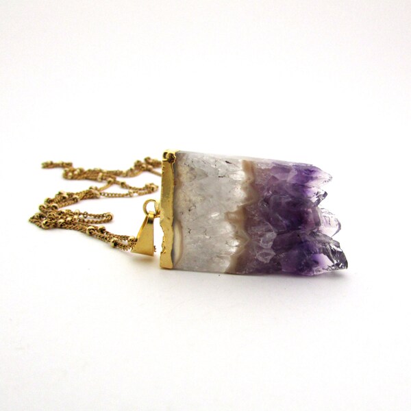 Raw amethyst pendant, raw stone necklace, amethyst crystal, polished gemstone slice necklace, purple amethyst jewelry, geode slice jewelry