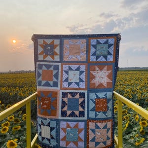 May include: A rectangular patchwork quilt featuring a grid of twelve square blocks. Each block displays a star pattern in varying shades of navy blue, burnt orange, light blue, and cream, with some sections showcasing small animal print motifs.