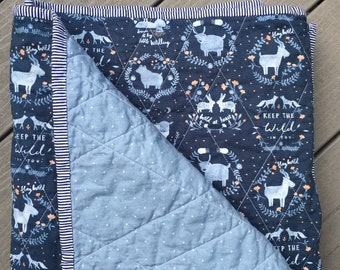 SALE was 145 now 100 - Wholecloth Quilt - Baby Quilt - Navy Blue Stay Wild