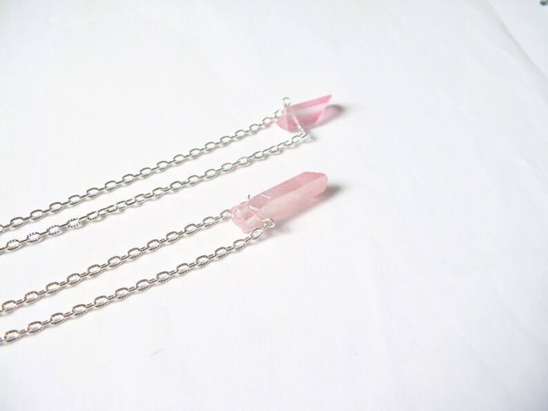 Rose Pink Quartz Necklace-Raw Crystal Necklace-Point Rough Quartz Healing Crystal Pendant Necklace-Aura quartz layer silver necklace