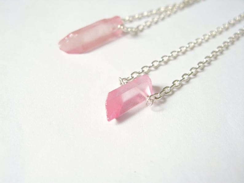 Rose Pink Quartz Necklace-Raw Crystal Necklace-Point Rough Quartz Healing Crystal Pendant Necklace-Aura quartz layer silver necklace