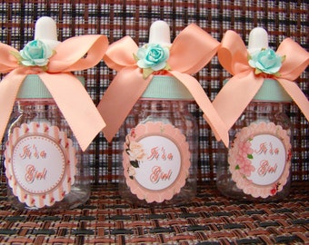 12 Shabby chic baby bottles- mint and coral baby shower- gold and floral shabby chic favors- teal and coral baby shower