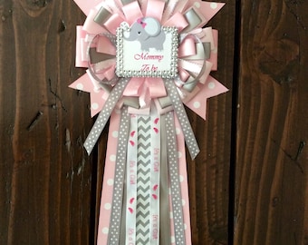 Gray chevron Elephant mommy to be pin- mommy to be pin- gray chevron Elephant baby shower- pink and gray baby shower- elephant corsage