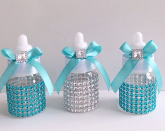 24 small 3.5" aqua and silver Baby shower favors -Teal baby bottles- turquoise blue baby shower- teal and silver baby shower- baby shower fa