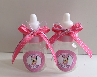 24 small 3.5" Minnie Mouse baby shower favors in pink and purple- Minnie Mouse baby bottles party favors- pink baby shower