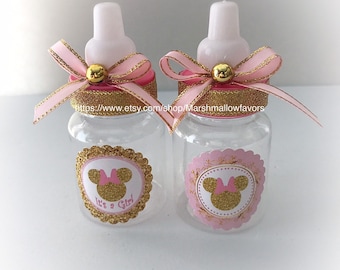 24 small 3.5" Minnie Mouse baby shower favors in pink and gold- Minnie Mouse bottle favors- pink baby shower- Minnie Mouse baby shower