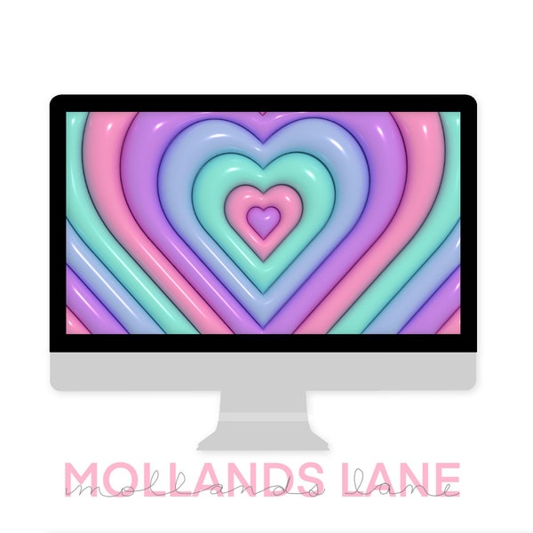 Repeating Pastel Purple Pink Blue Teal Hearts 3D Desktop Wallpaper - Computer Wallpaper - Digital Download