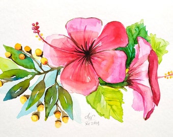May include: A watercolor painting of two vibrant pink hibiscus flowers with dark centers, surrounded by green leaves and small yellow buds. The artwork features a signature and the date XII 2019 written in black ink at the bottom center.
