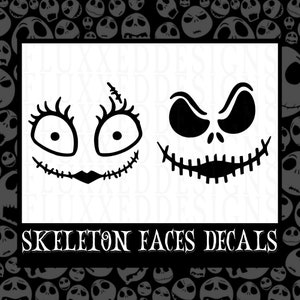 Jack and Sally Skeleton Face Outlines, Vinyl Decal Sticker Set