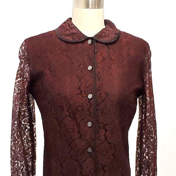 1960s black and wine lace top | 60s burgundy lace blouse with Peter Pan collar size small