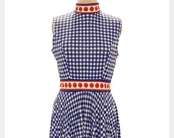 1960s blue and white check summer dress with red daisy design | vintage 60s Domino casual day dress with pleated skirt | medium