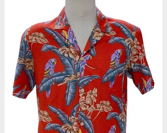 1980s Magnum PI style Paradise Found Hawaiian Shirt w light wood buttons | 80s red parrot surfer shirt | made in Hawaii tiki shirt | size me