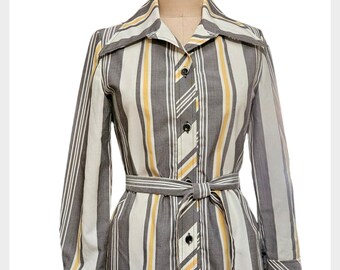 1970s belted striped shirt | vintage 70s dagger collar Val Hughes shirt | small