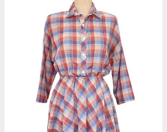 1970s Plaid Shirt Dress: Vintage Button Front Shirtdress, Medium