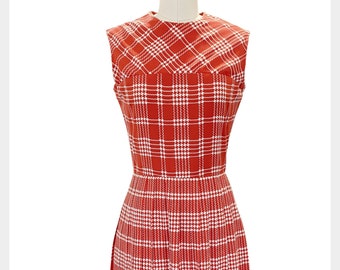 1960s red and white houndstooth check spring summer dress | vintage 60s day dress with pleated skirt work appropriate dress | size small