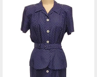 1980s does 1940s navy and polka dot rayon peplum waist dress | medium