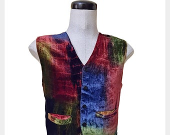 1990s boho vibe tie dye vest | vintage 90s unisex faux velvet vest | size S/M  chest 38"
