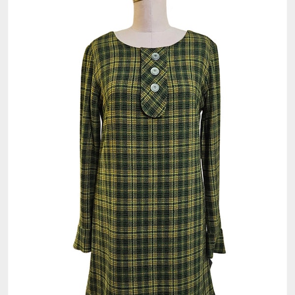 1960s mod plaid dress | 60s green plaid dress with gold-yellow, cream and black accents | size medium