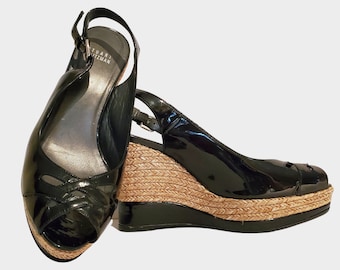 Retro Stuart Weitzman patent leather Espadrilles | black slingback platform wedge heels | Size 9 M