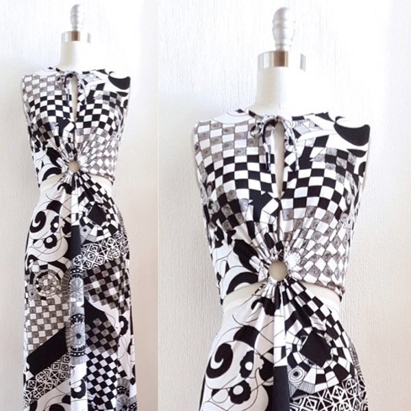 South Beach afternoon | 1960s op art maxi dress | 1960s Roger Freres peek-a-boo long dress