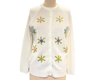 Vintage 60s Embroidered Floral Cardigan | White Button Front Sweater | Medium
