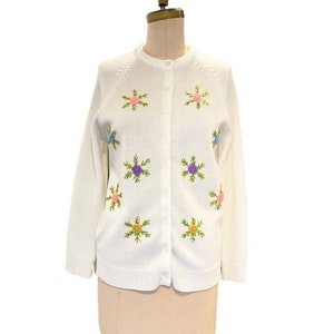 60s Floral Embroidered Cardigan, Vintage 1960s White Flower