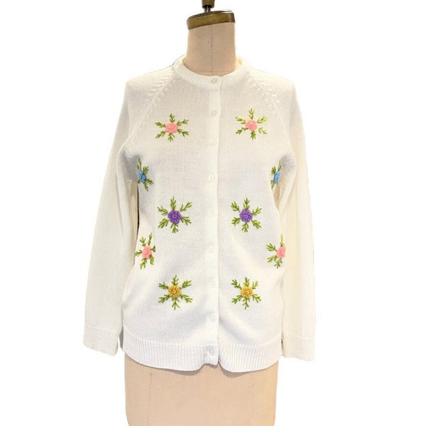 Vintage 1960s embroidered floral cardigan | 60s button front white sweater with embroidered flowers | size medium