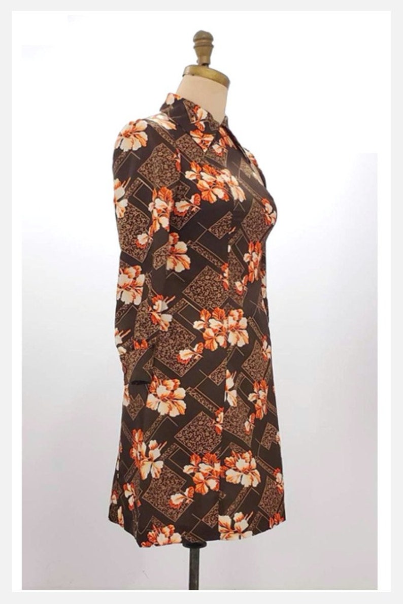 1970s orange and brown floral dress 70s dress with pointed | Etsy