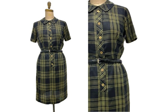 Vintage 1950s plaid dress | 50s green, sage, and b