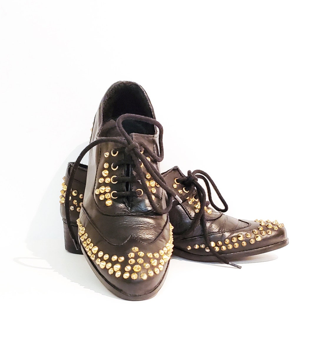 Vintage 80s Black Leather Studded Oxfords - Made in Spain - Size 37 - Etsy