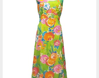 Vintage 1970s McInerny Hawaiian maxi dress | 70s bright floral tiki dress - size medium