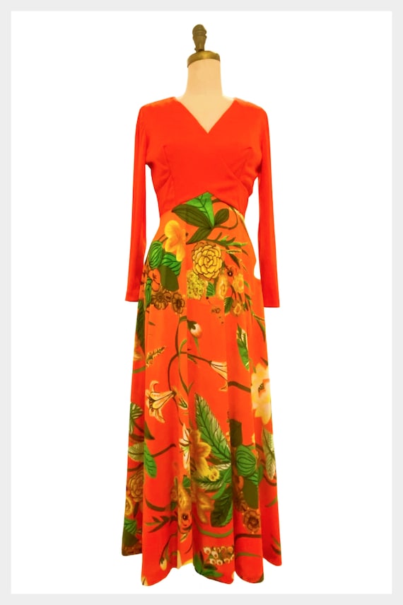 VTG 70s ORANGE PURPLE GREEN FLORAL SEQUINNED MOCK NECK MAXI DRESS UK 6