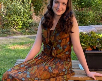 1960s Floral Cotton Skirt Set: Vintage Accordion Pleated Top, Size Small