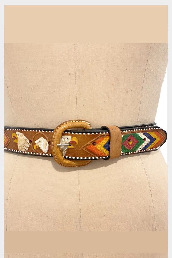1970s hand tooled hand painted Mexican leather be… - image 3