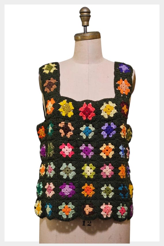 Vintage 1970s hand crocheted granny square patchw… - image 2