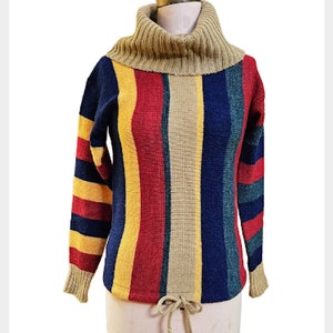 1970s cowl neck striped sweater | 70s pullover boho multi-coloured sweater with drawstring waist | small