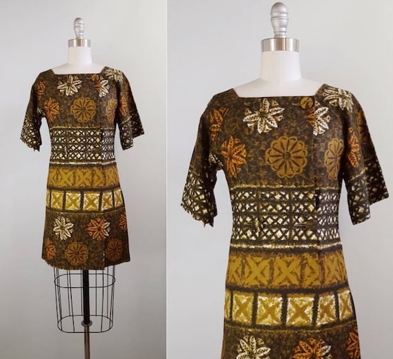 1960s Hawaiian print dress | 60s batik dress size