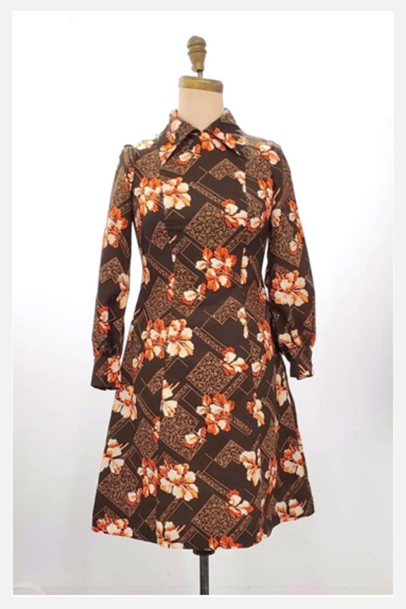 1970s orange and brown floral dress 70s dress with pointed | Etsy
