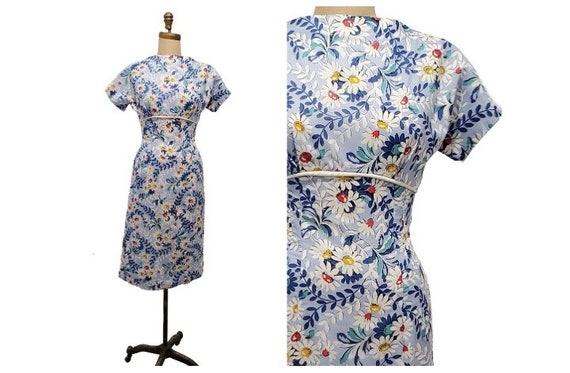 1960s wiggle dress | 60s blue and white daisy prin