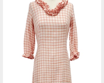 Vintage 60s Gingham Dress: Red White Ruffle Sheath, XS