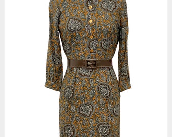 1960s paisley dress | 60s button front Claire Evans dress | size small