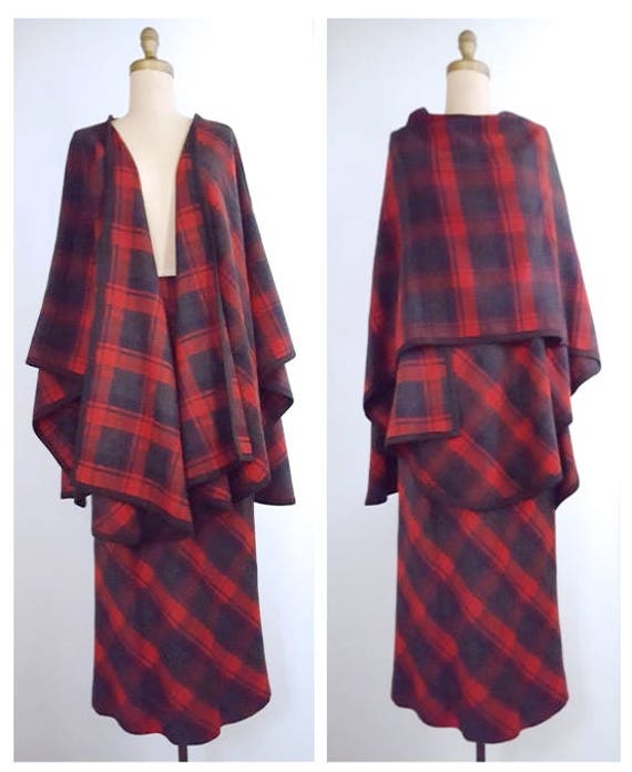 1980s pencil skirt with cape | 80s red plaid wool