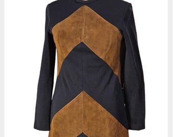 Vintage 1980s suede and wool knit dress | 80s A-line with back metal zip | size small