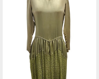 1920s green silk and lace dress | 20s Art Deco drop waist dress with tiered silk & lace | size small