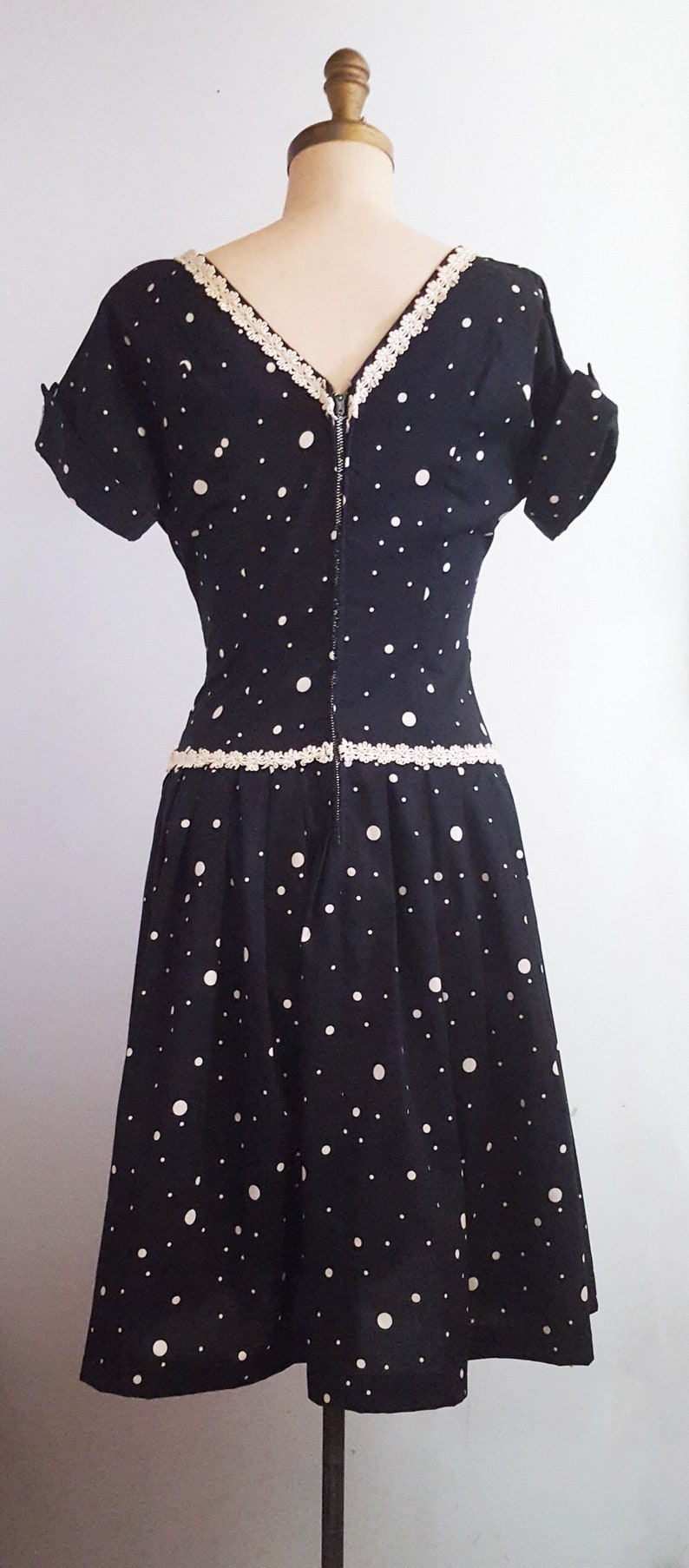 1950s black and white polka dot dress 50s drop waisted | Etsy