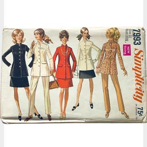 1960s Simplicity sewing pattern 7993 | 60s skirt, pants and Nehru jacket | Bust 33.5 junior size 11 | Complete, UNCUT, factory folded c1968
