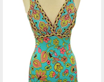 1970s Catalina skirted one piece swimsuit | vintage 70s psychedelic turquoise blue floral bathing suit | bra size 36 B - 36C