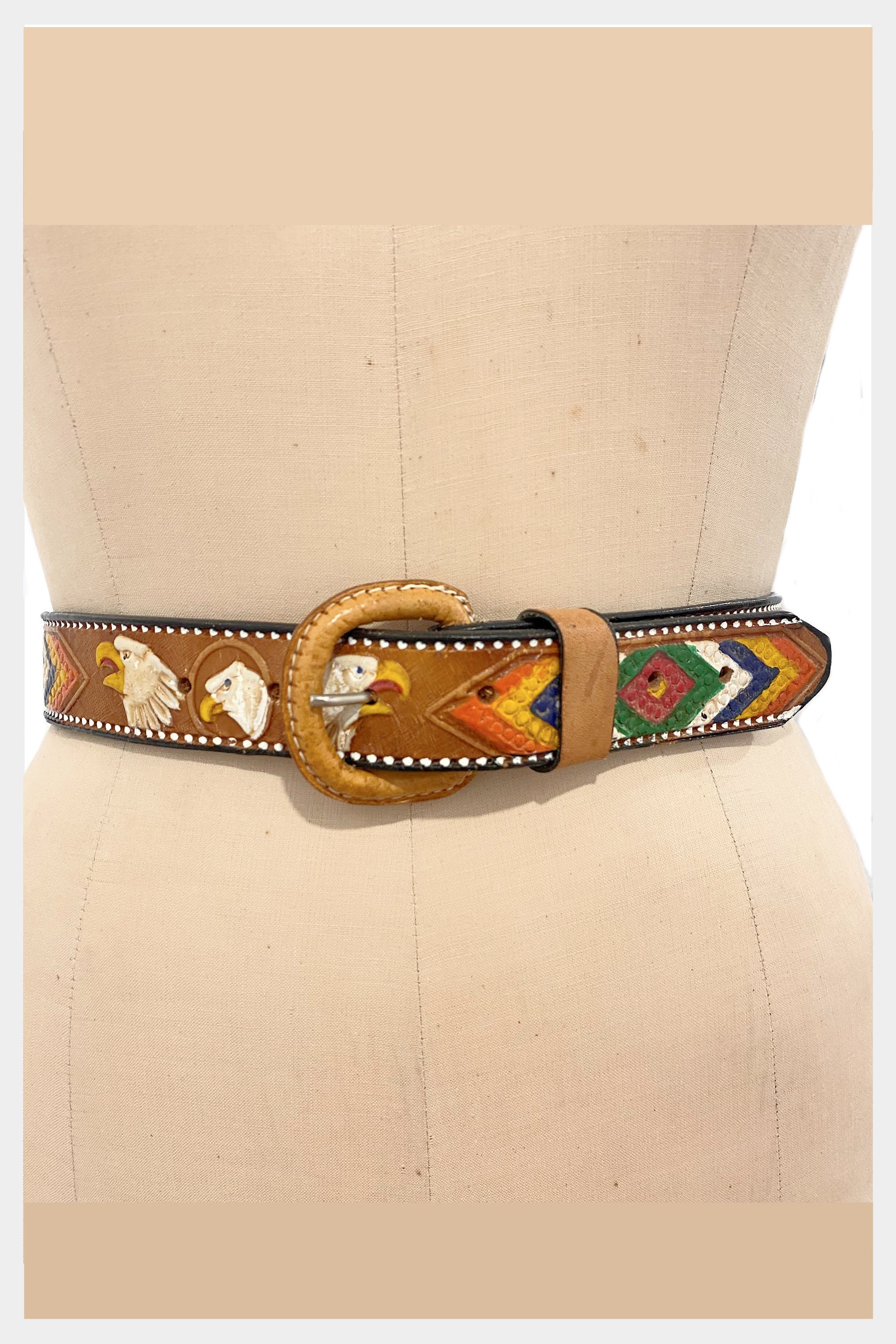 Leather Belt, Vintage belt, Eagles, Painted Embossed, Hand Tooled 70s 80s Artisan Handcrafted Eagle Embossed Leather Belt - Cellar Leather main image 4