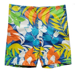 1960s multi coloured tropical print swim shorts | vintage 60s swimsuit BOY SHORTS Unisex trunks BOHO pool shorts  | waist 34”